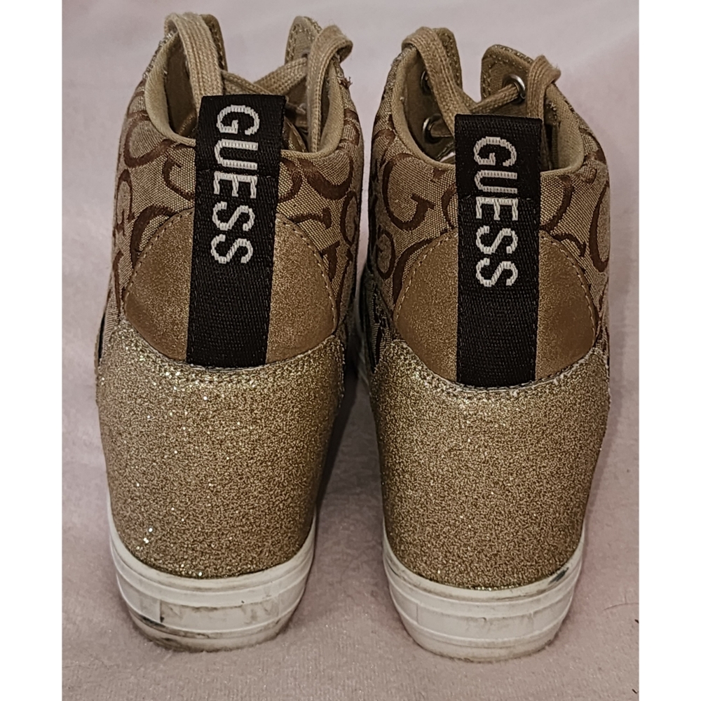 Guess Women's WGTONIGHT3 High Top Sneakers Beige Brown and Gold Glitter - Picture 4 of 9